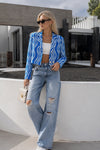 Desenli Mavi Crop Ceket