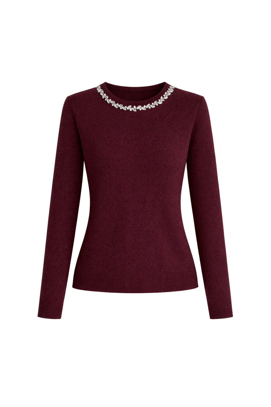 Yaka Taş İşlemeli Bordo Triko Kazak