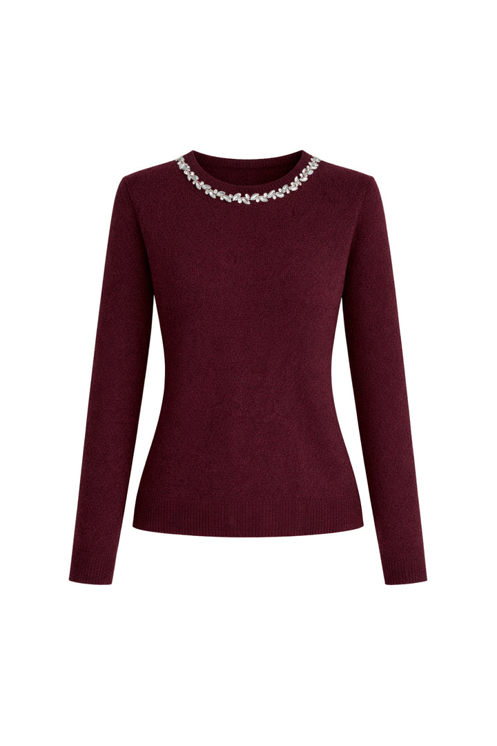 Yaka Taş İşlemeli Bordo Triko Kazak