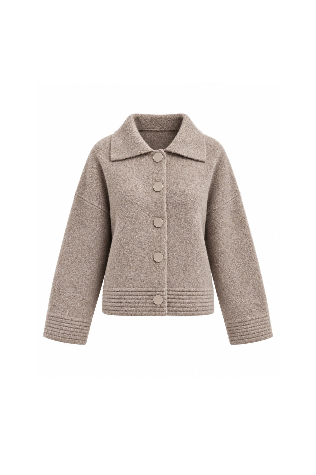 Polo Collar Button Detail Beige Knit Cardigan