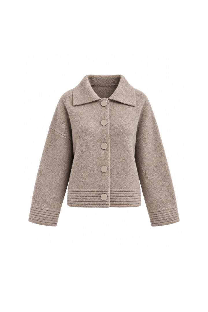 Polo Collar Button Detail Beige Knit Cardigan