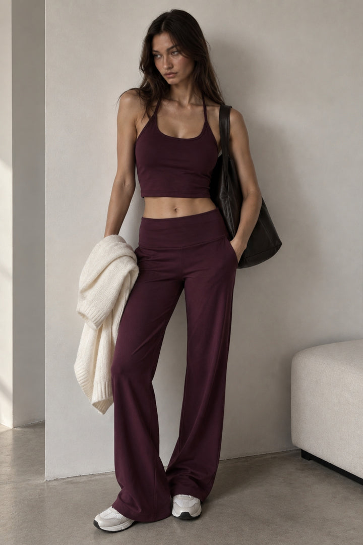 İp Askılı Bluz Wide Leg Pantolon İkili Bordo Takım