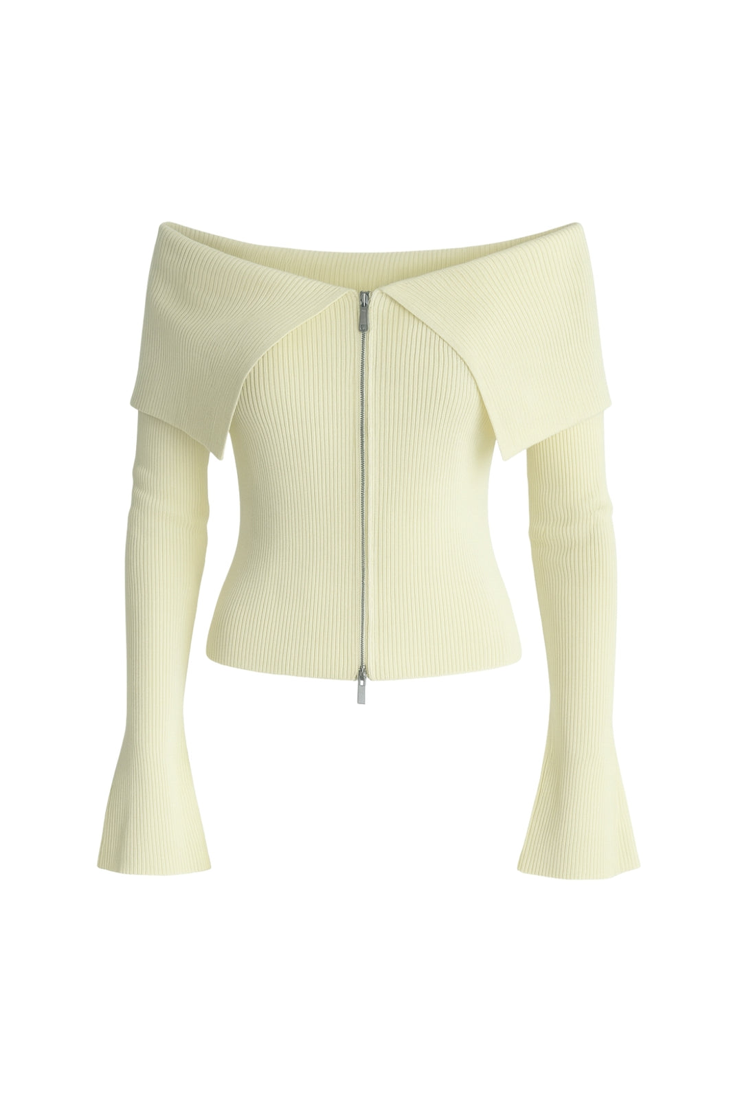 Madonna Yaka Ekru Fermuarlı Triko Bluz