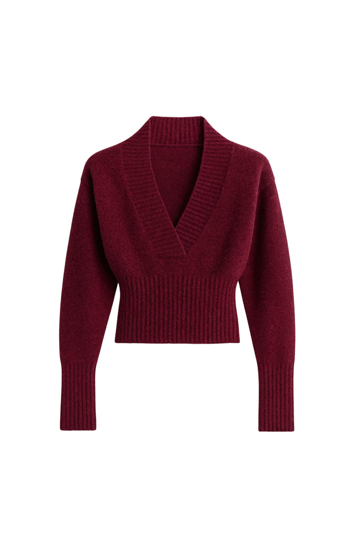 V Yaka Bel Oturtmalı Bordo Triko Kazak