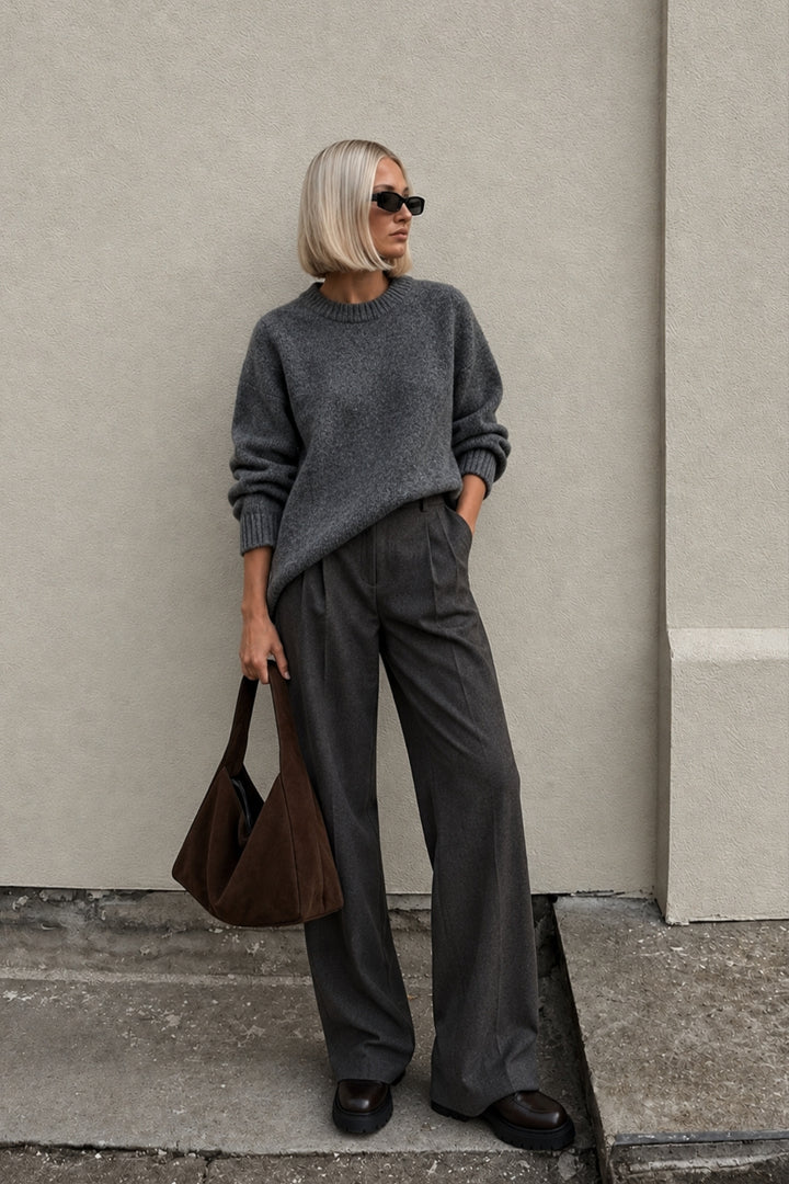 Bicycle Neck Basic Knit Grey Sweater