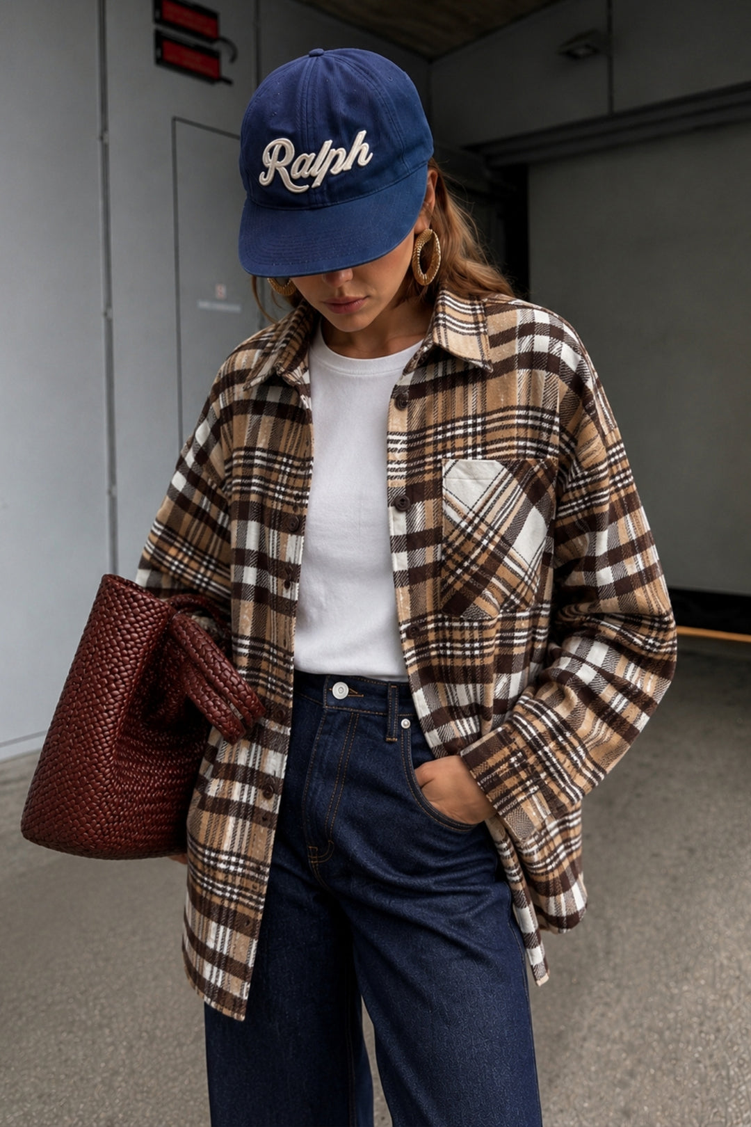 Basic Oversize Kahverengi Ekose Gömlek