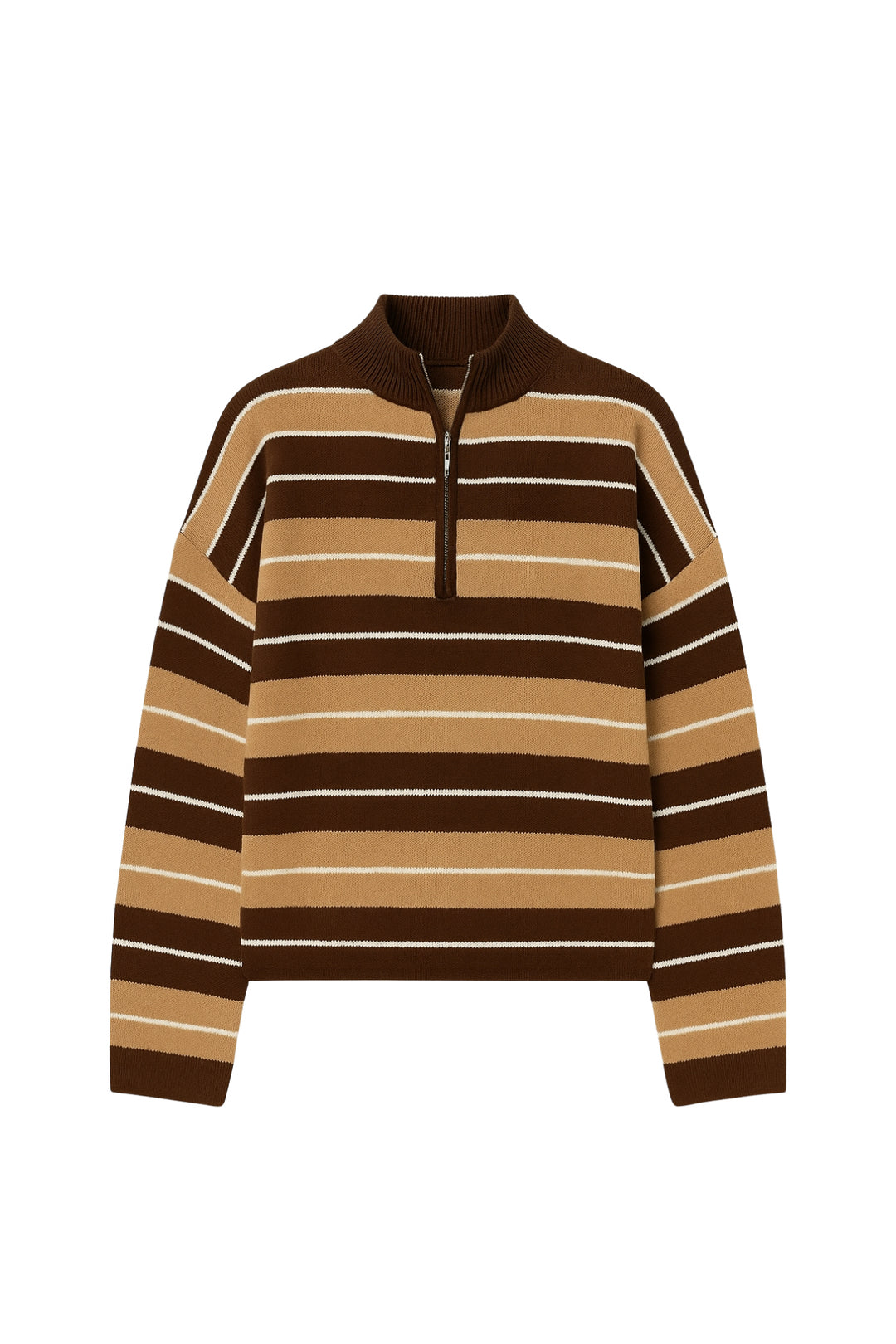 Balıkçı Yaka Fermuar Detay Kahverengi Çizgili Kazak