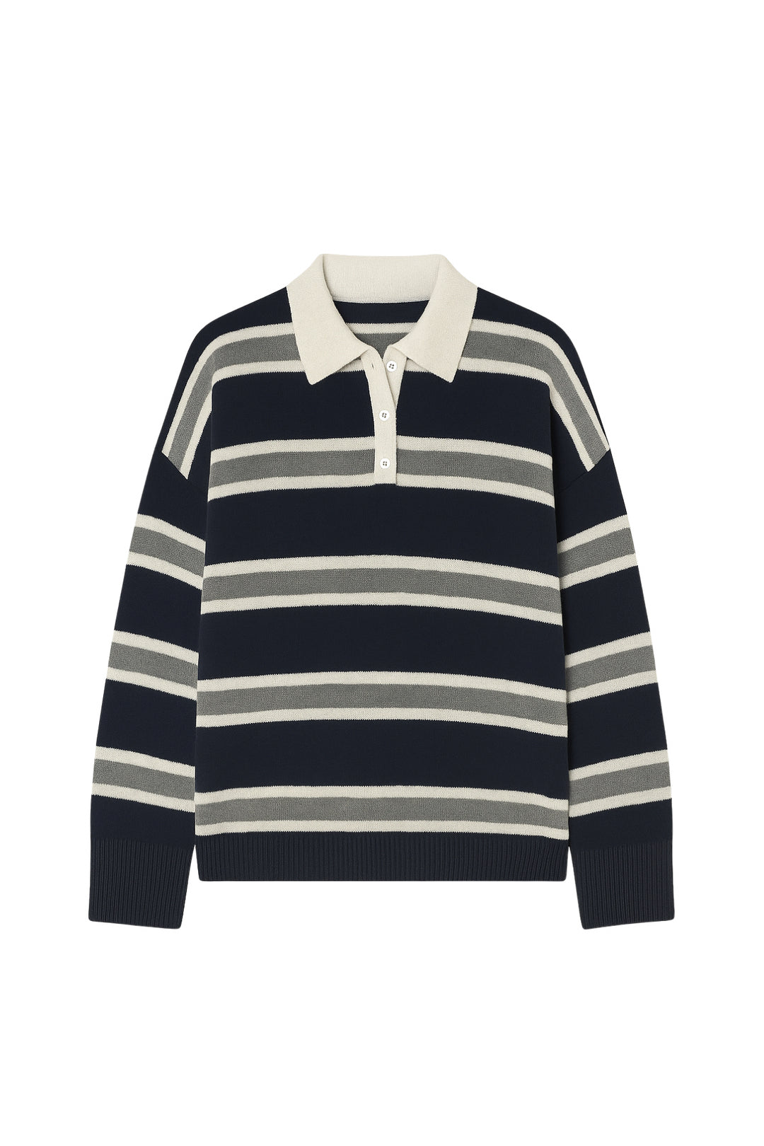 Çizgili Düğmeli Polo Yaka Lacivert Triko Bluz