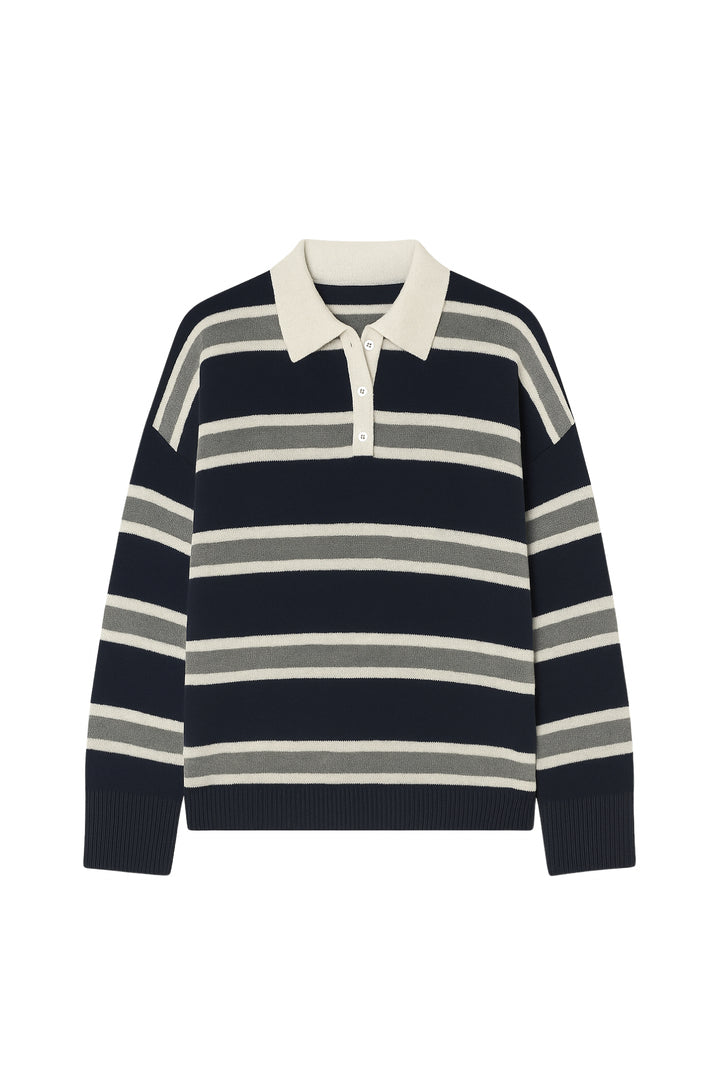 Çizgili Düğmeli Polo Yaka Lacivert Triko Bluz