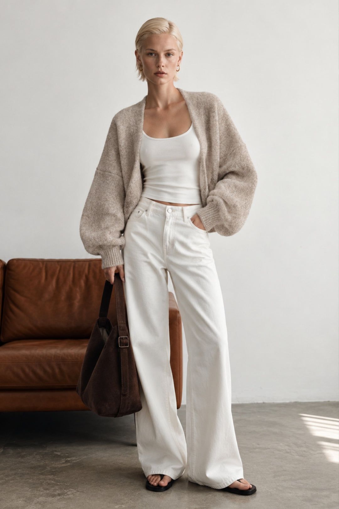 Wool Blend Balloon Sleeve Beige Knit Sweater