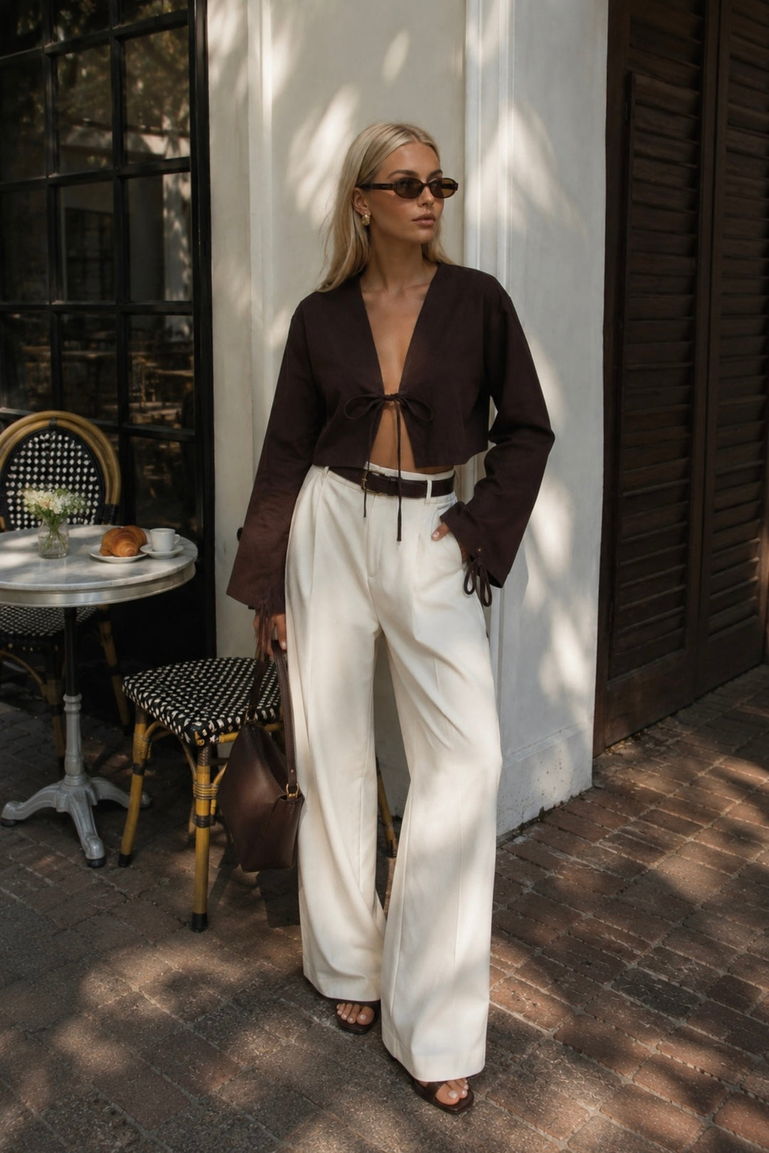 Tie Detail Long Sleeve Brown Blouse 