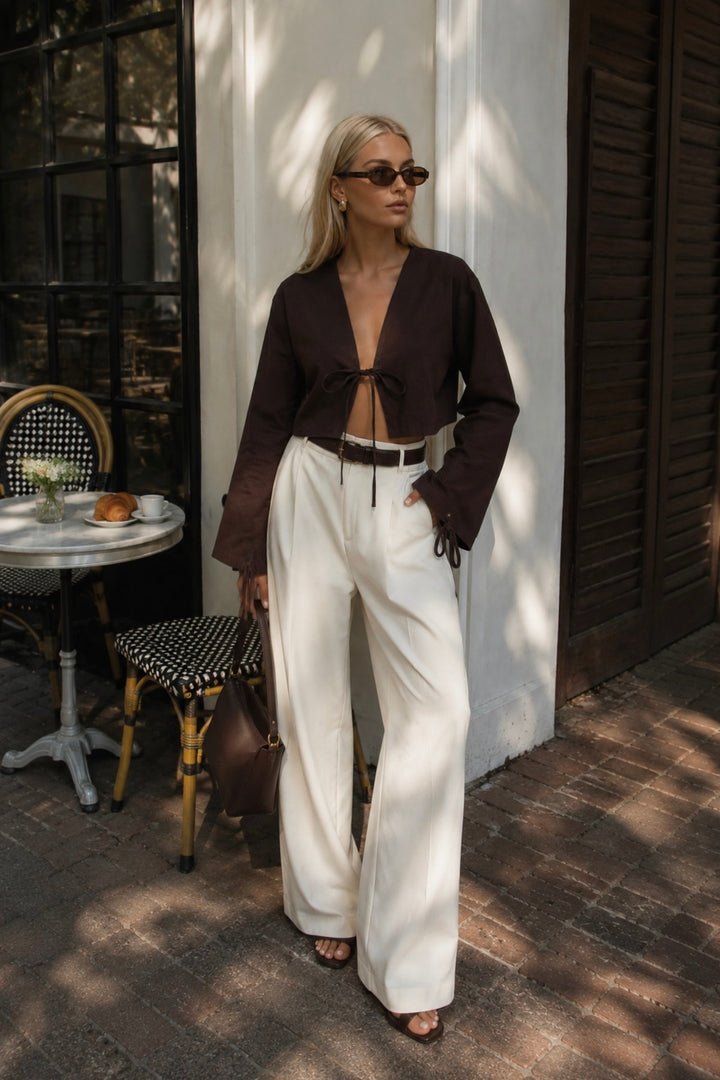 Tie Detail Long Sleeve Brown Blouse 