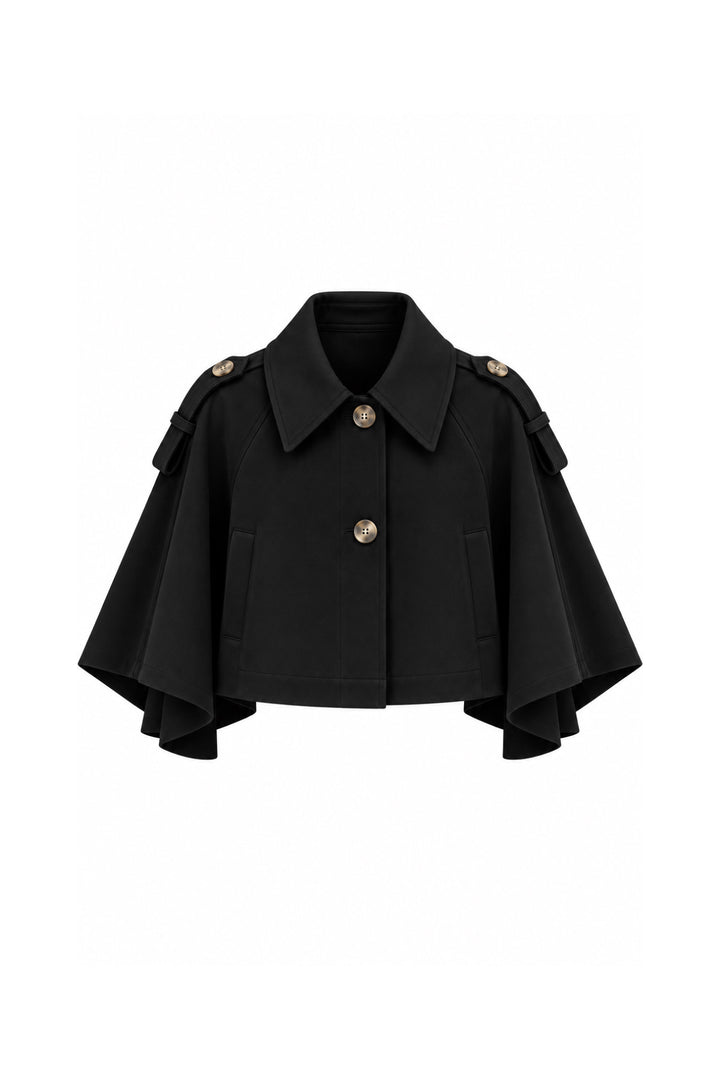 Düğme Detay Crop Siyah Pelerin Trenchcoat