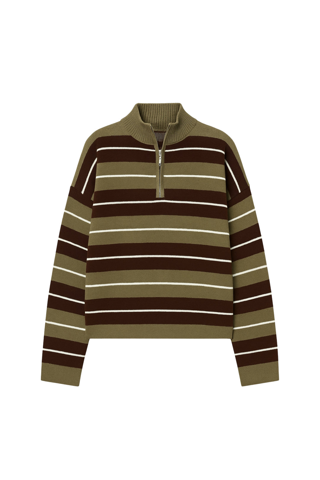 Balıkçı Yaka Fermuar Detay Yeşil Çizgili Kazak