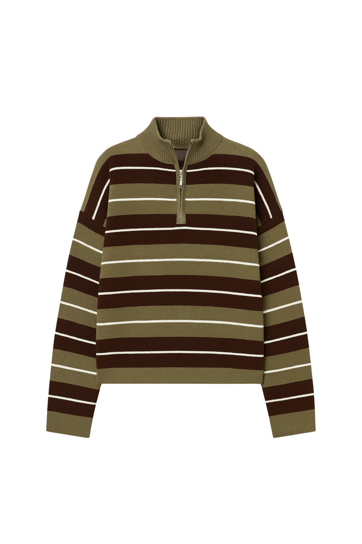 Balıkçı Yaka Fermuar Detay Yeşil Çizgili Kazak