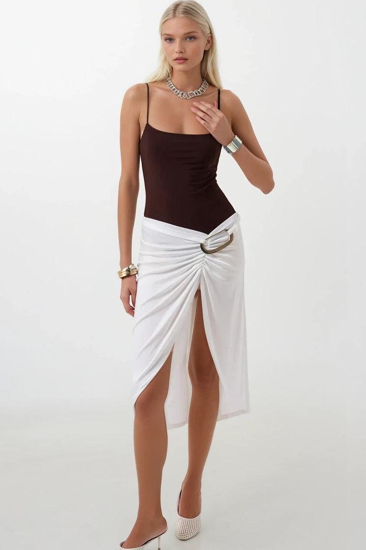 Buckle Detail Asymmetrical Ecru Skirt 