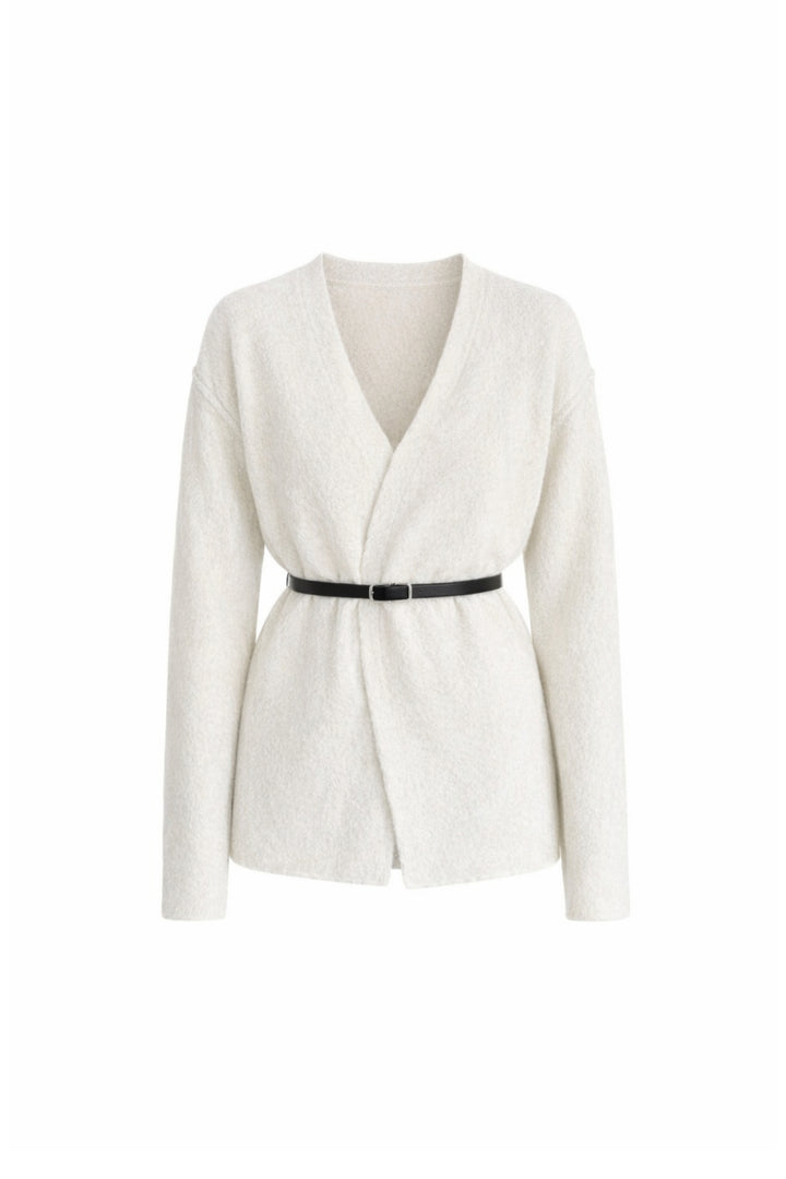 Kemer Detay Kruvaze Yaka Ekru Triko Hırka