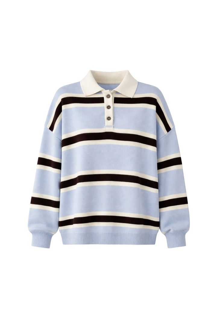 Polo Yaka Düğme Detay Çizgili Mavi Triko Kazak