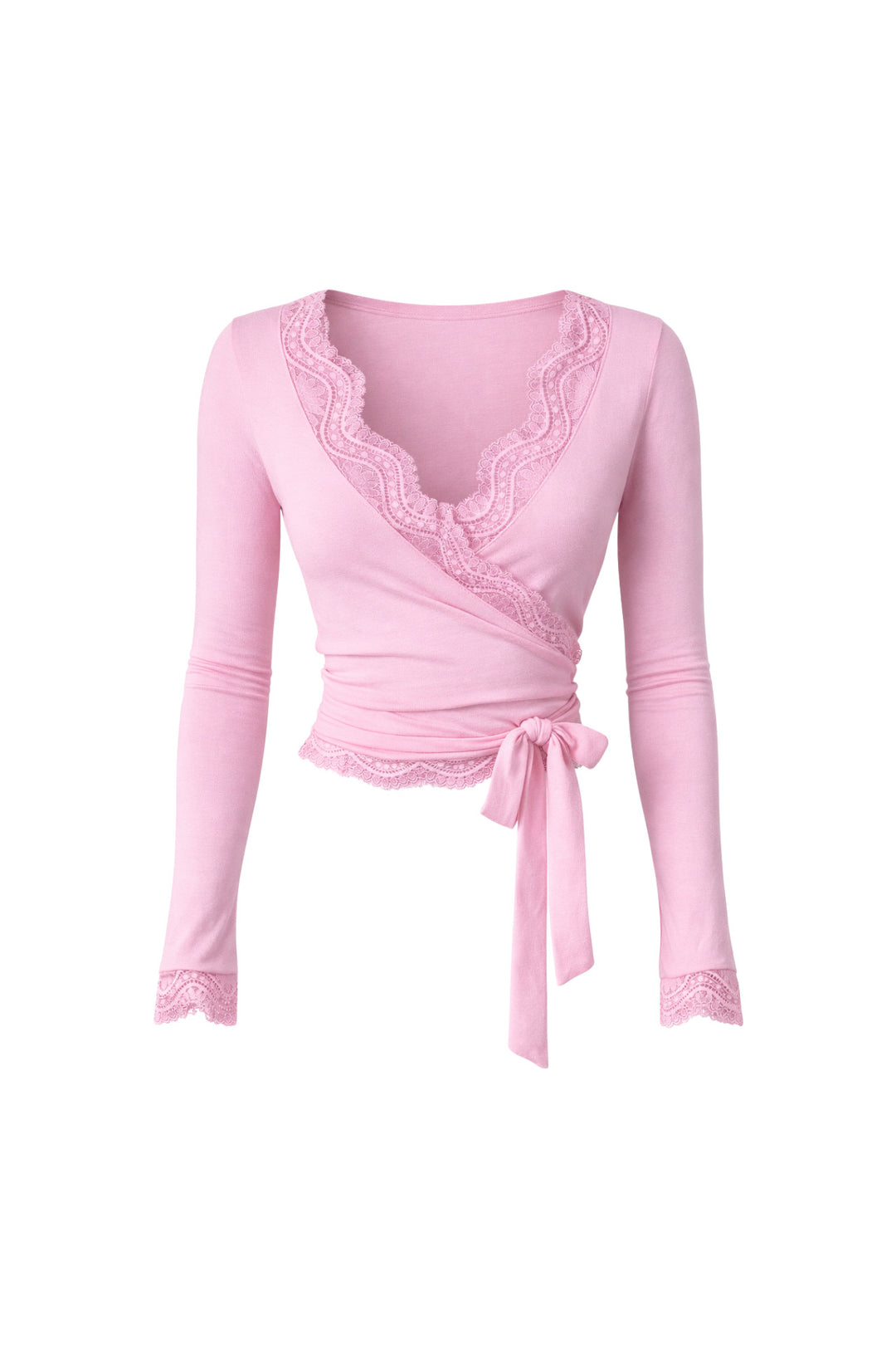 Kruvaze Bağlamalı Dantelli Pembe Bluz