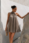 Beige Satin Turtleneck Backless Mini Dress