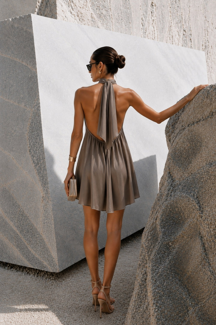 Beige Satin Turtleneck Backless Mini Dress