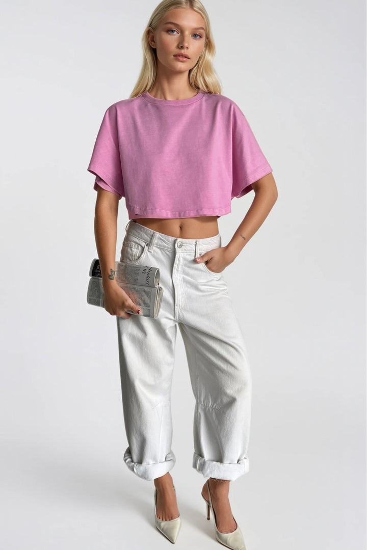 Yıkama Efektli Pembe Crop Tişört