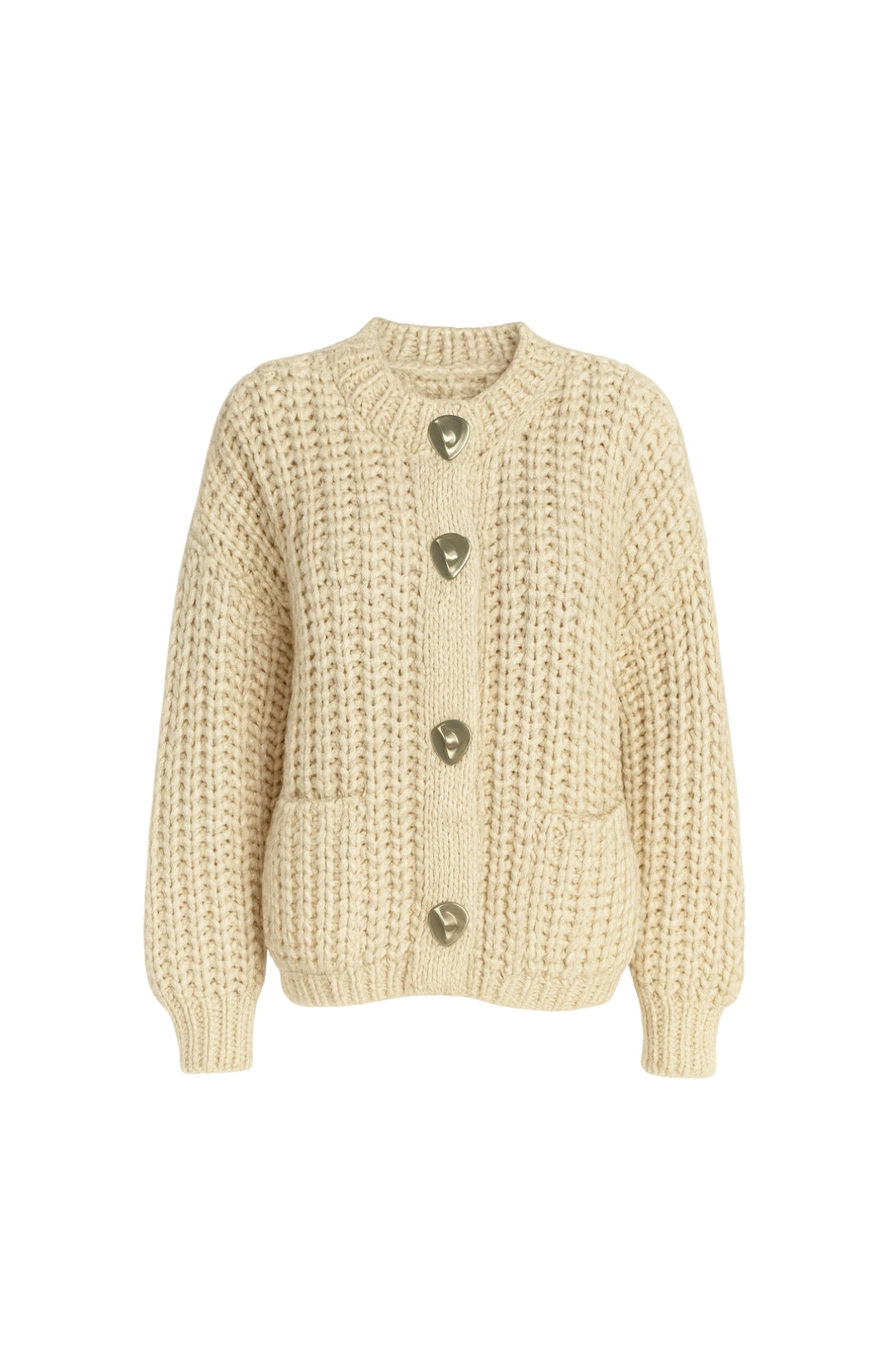 Kalın Örgü Düğme Detay Ekru Hırka