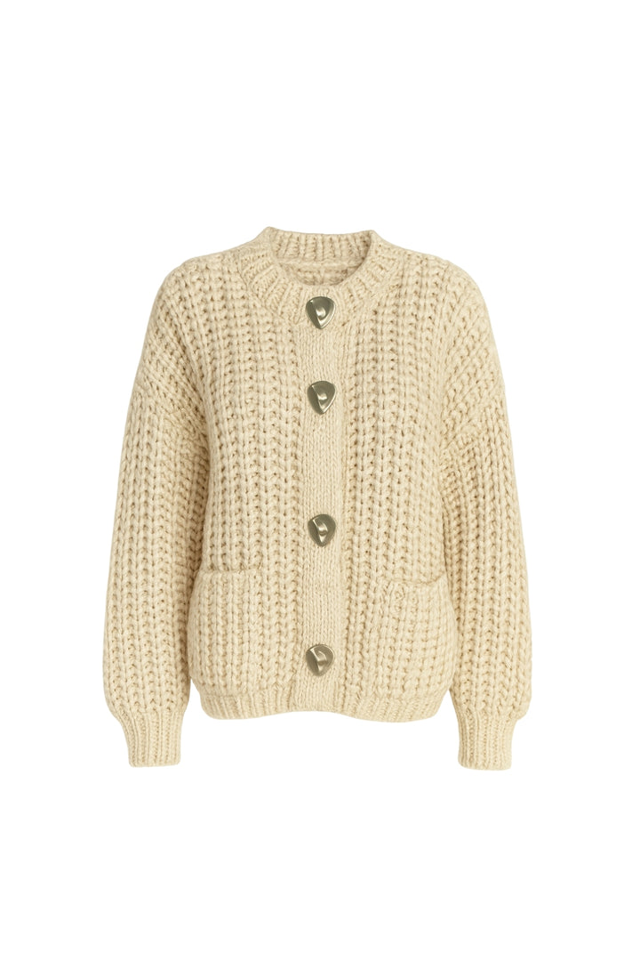 Kalın Örgü Düğme Detay Ekru Hırka