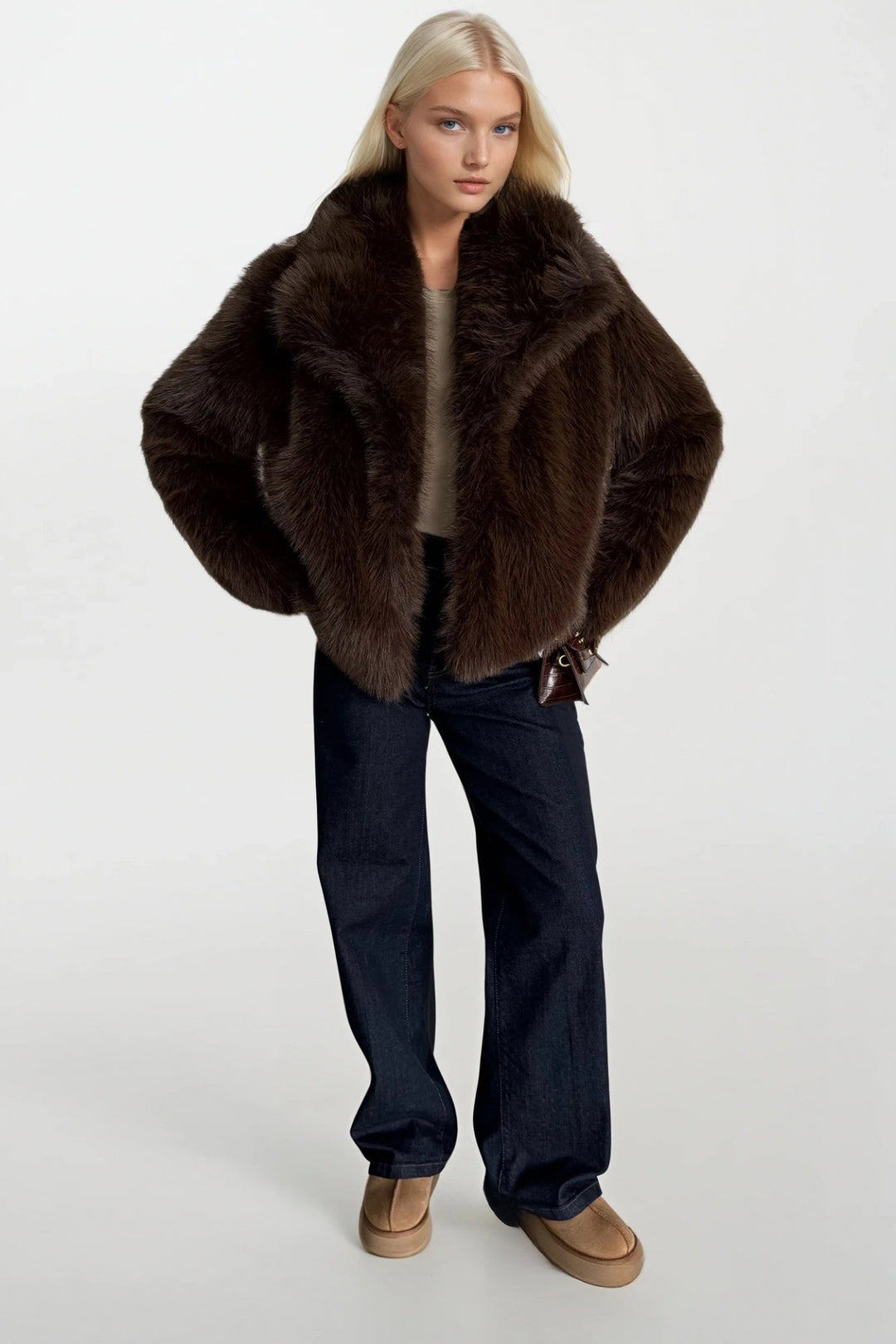 Şal Yaka Peluş Kahverengi Kürk