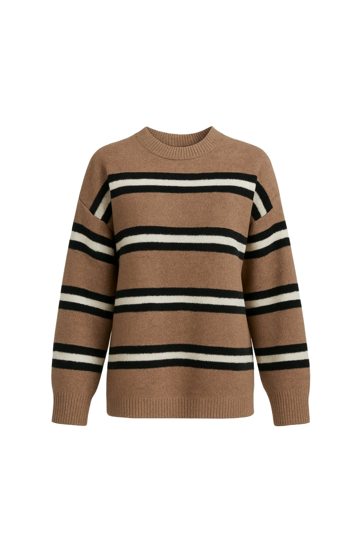 Çizgili Bisiklet Yaka Oversize Vizon Triko Kazak