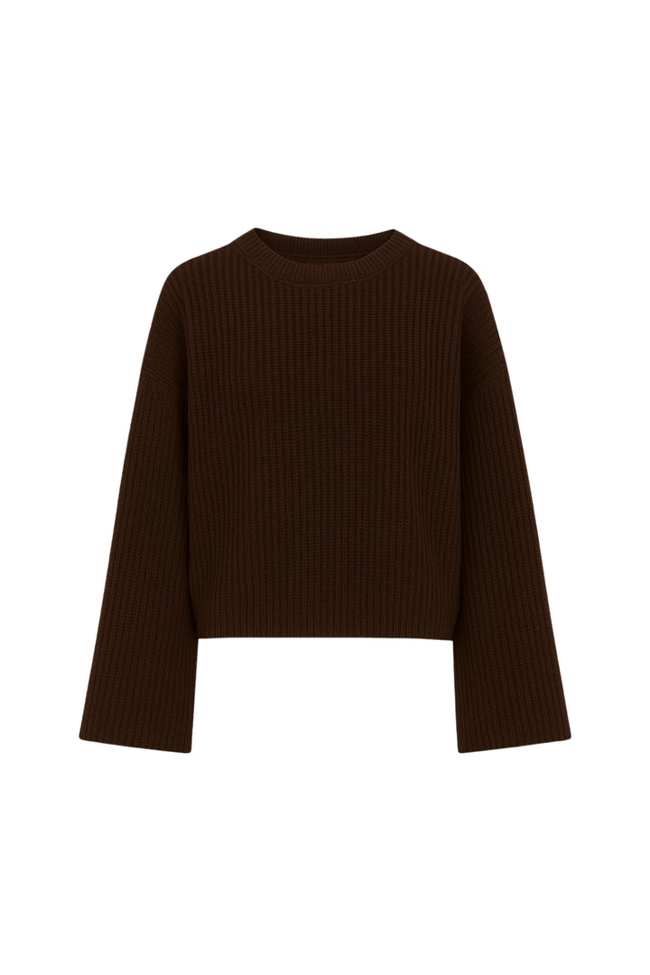 Bisiklet Yaka Örgü Detay Kahverengi Crop Triko Kazak