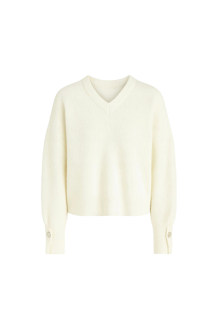 V Yaka Manşet Aksesuar Detay Ekru Triko Kazak