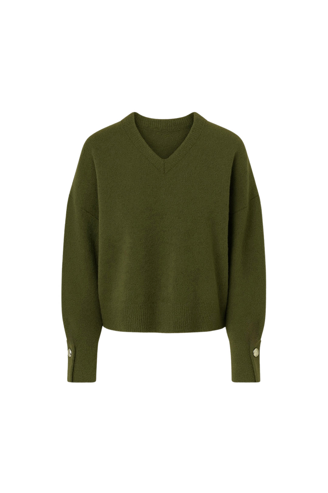 V Yaka Manşet Aksesuar Detay Haki Triko Kazak