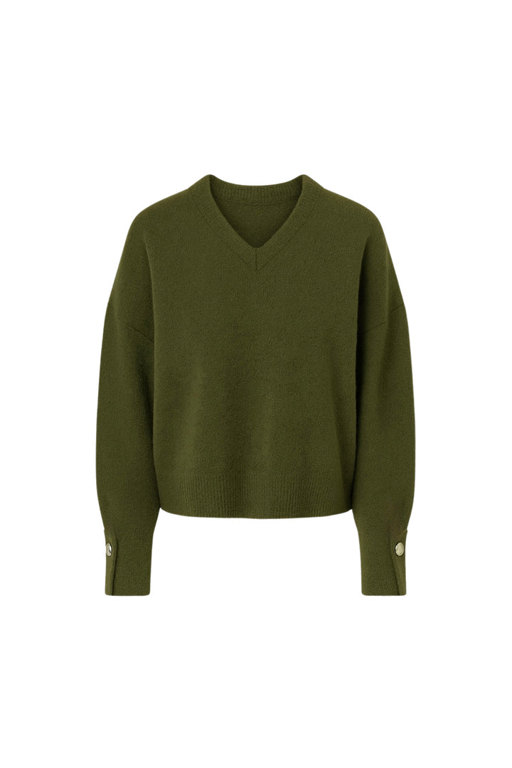 V Yaka Manşet Aksesuar Detay Haki Triko Kazak