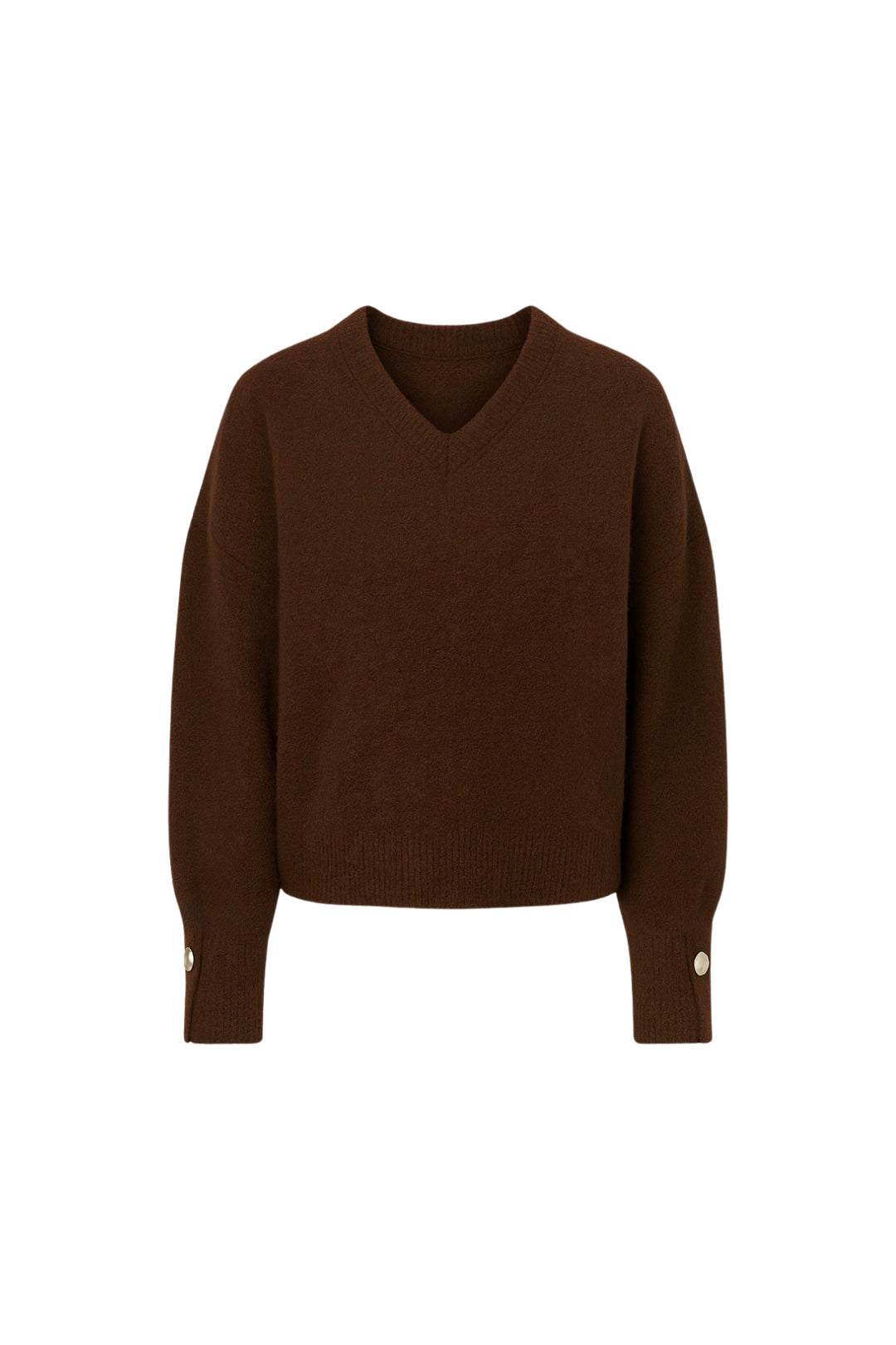 V Yaka Manşet Aksesuar Detay Kahverengi Triko Kazak