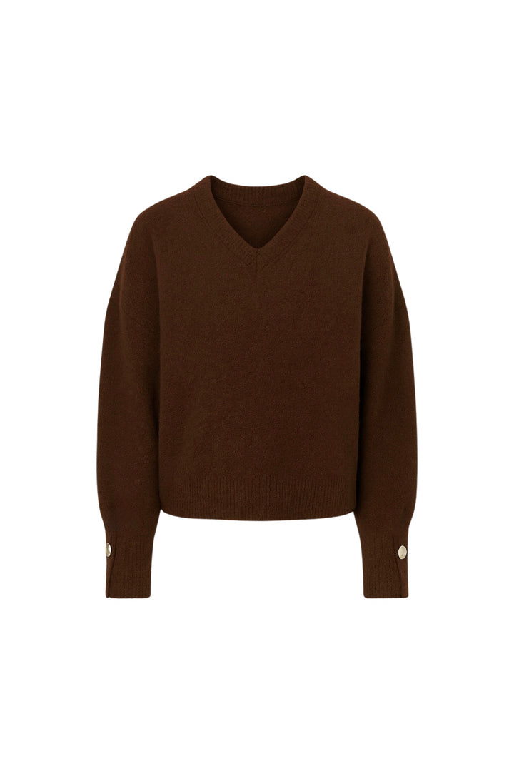 V Yaka Manşet Aksesuar Detay Kahverengi Triko Kazak