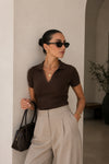 Polo Yaka Triko Kahverengi Crop Bluz