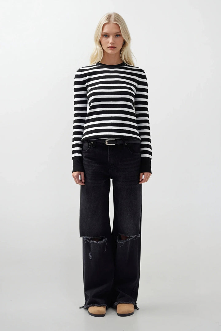 Crew Neck Striped White-Black Blouse 