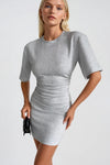 Bel Oturtmalı Büzgülü Gri Melanj Mini Elbise