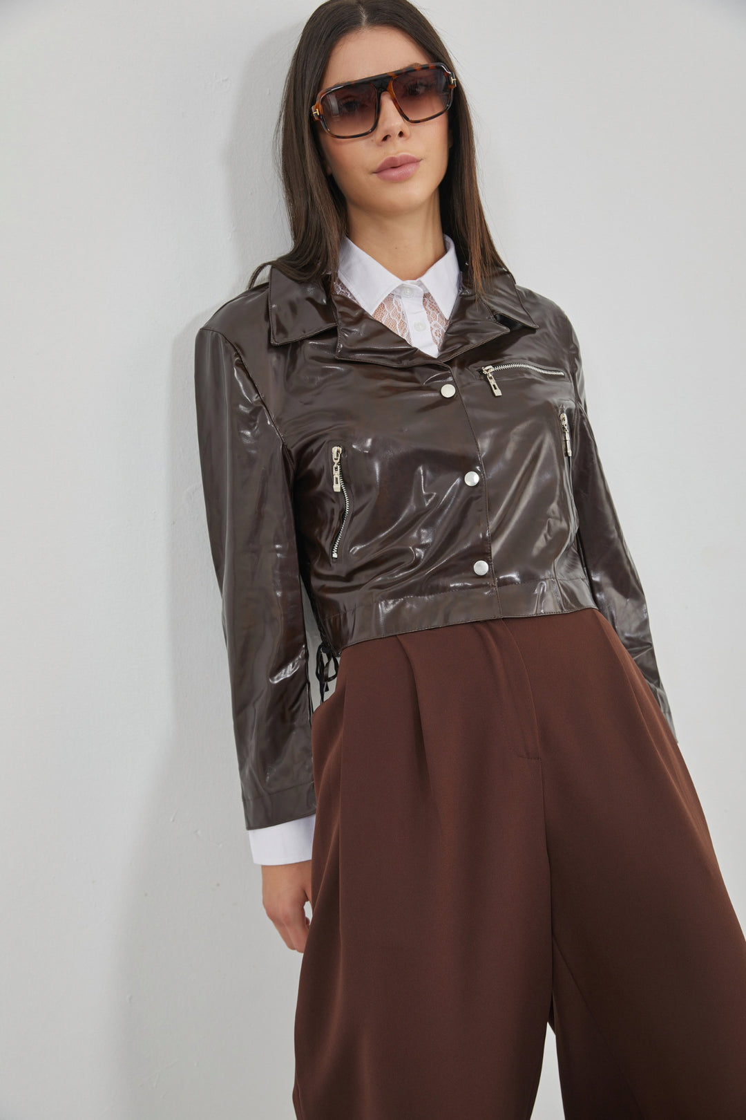 Zipper Detail Shiny Brown Leather Jacket 