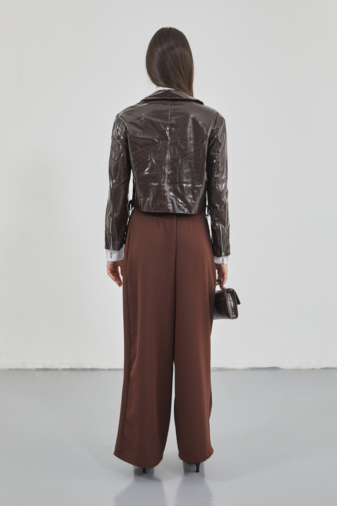 Zipper Detail Shiny Brown Leather Jacket 