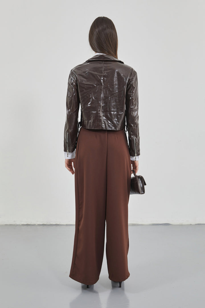 Zipper Detail Shiny Brown Leather Jacket 