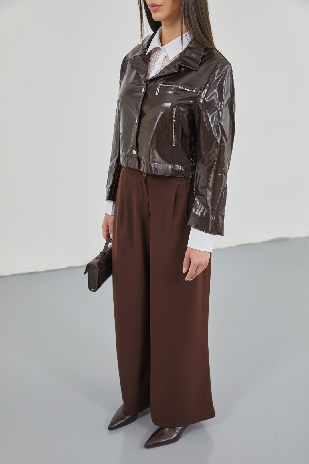 Zipper Detail Shiny Brown Leather Jacket 