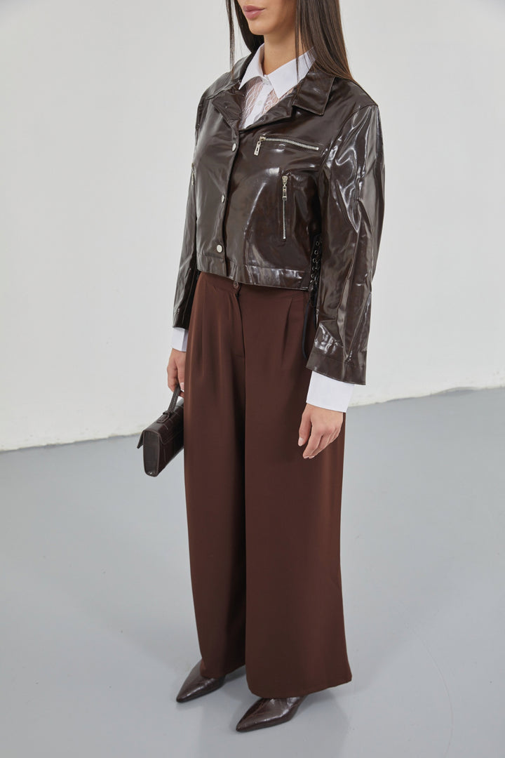 Zipper Detail Shiny Brown Leather Jacket 