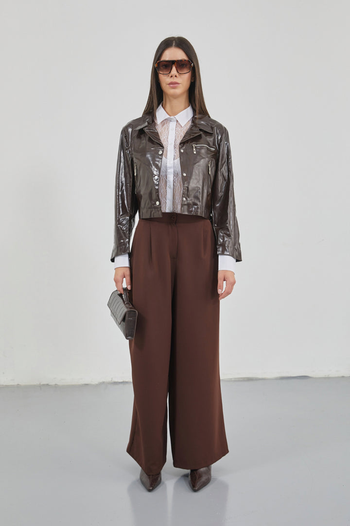 Zipper Detail Shiny Brown Leather Jacket 