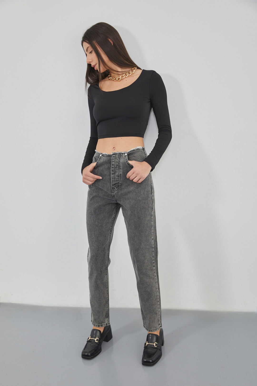 Kemersiz Düşük Bel Gri Jean