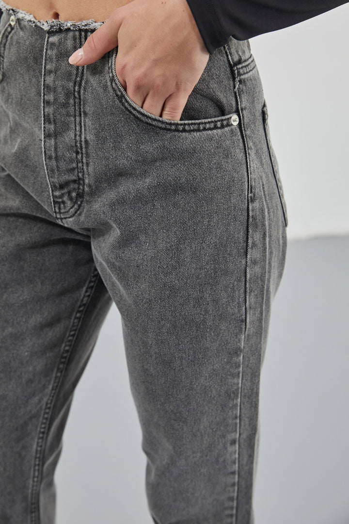 Kemersiz Düşük Bel Gri Jean