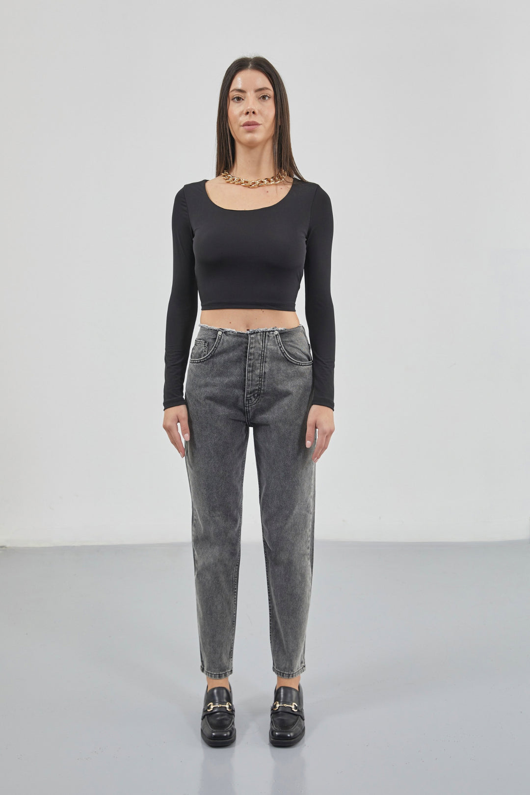 Kemersiz Düşük Bel Gri Jean