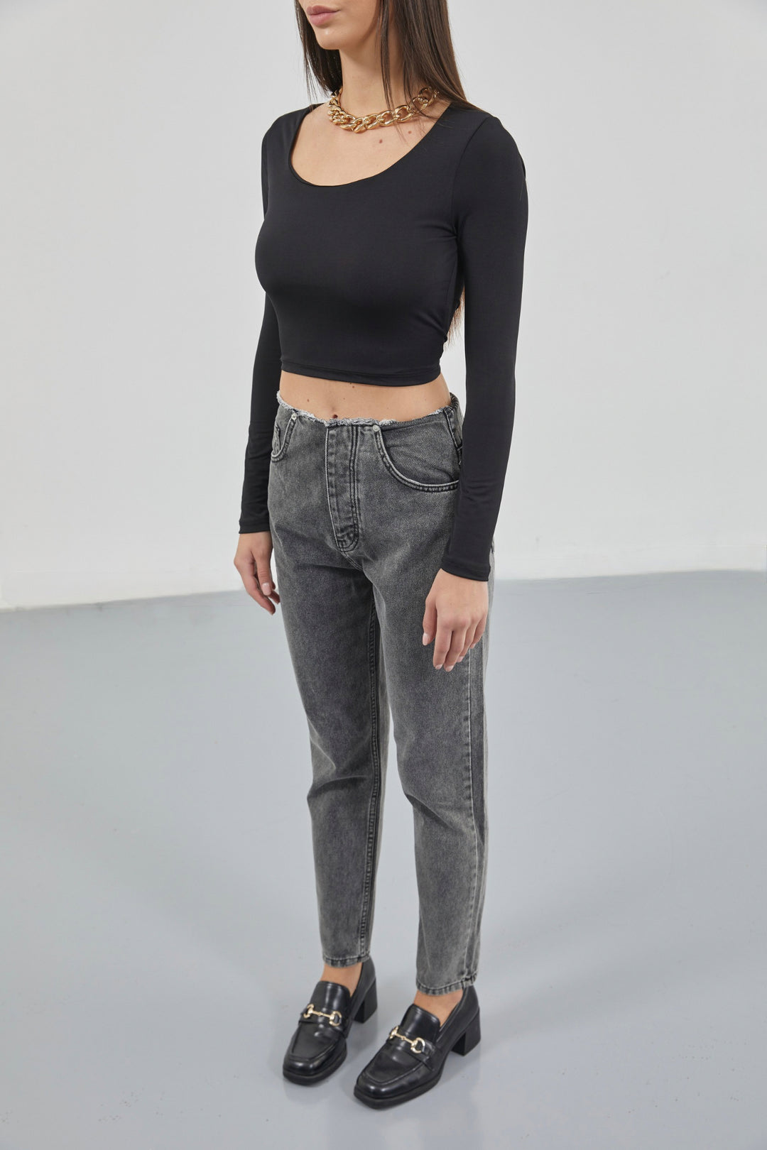 Kemersiz Düşük Bel Gri Jean