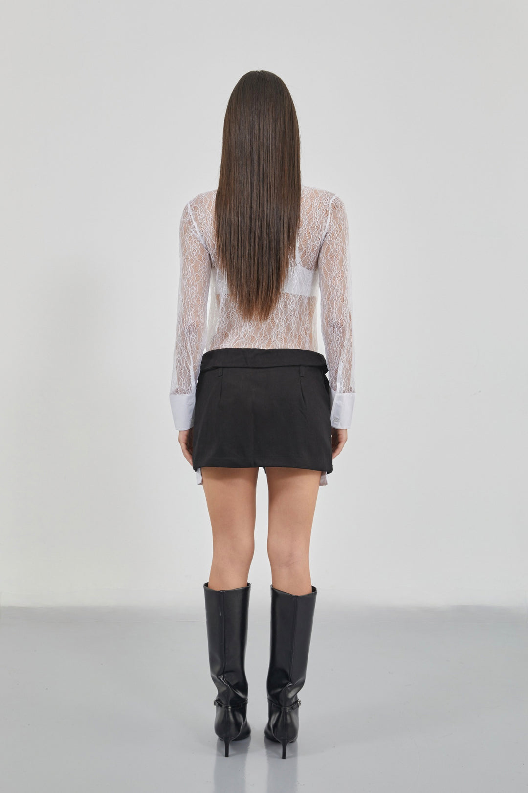 Pleated Black Mini Skirt with Waist Fold 